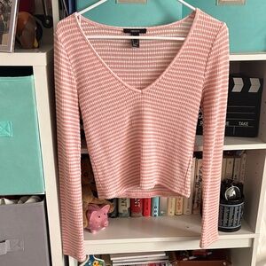 Forever 21 Pink and White V-Neck Long Sleeve Top